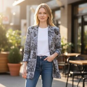 Dress Barn Blazer Women Large Grey Floral Birds Plaid Oversized USA Pockets